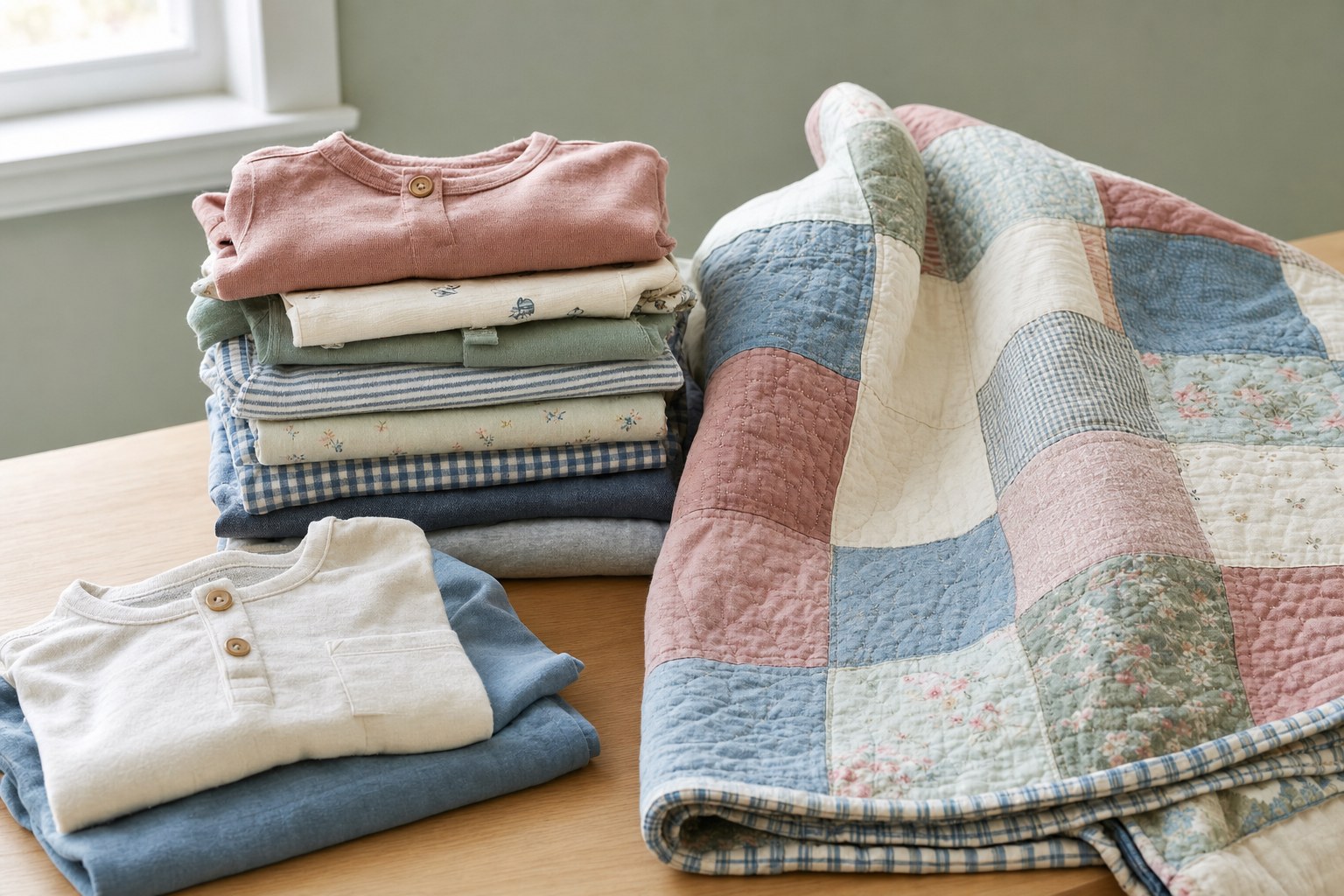 Folded baby clothes beside a handmade patchwork quilt