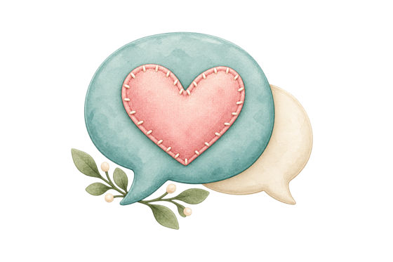 Watercolor speech bubbles with a stitched pink heart