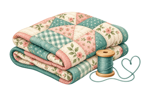 Watercolor patchwork quilt with a spool of thread shaped into a heart
