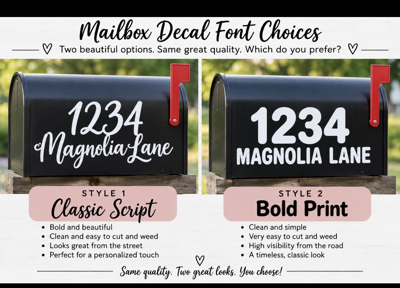 Classic Script and Bold Print mailbox lettering examples