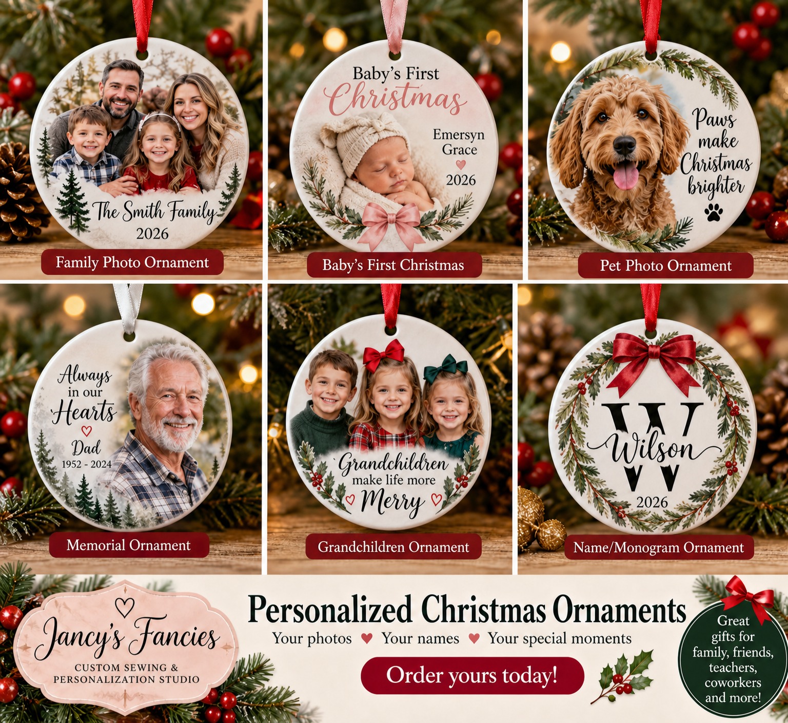 Six personalized round ceramic Christmas ornament design examples: family, baby, pet, memorial, grandchildren, and monogram