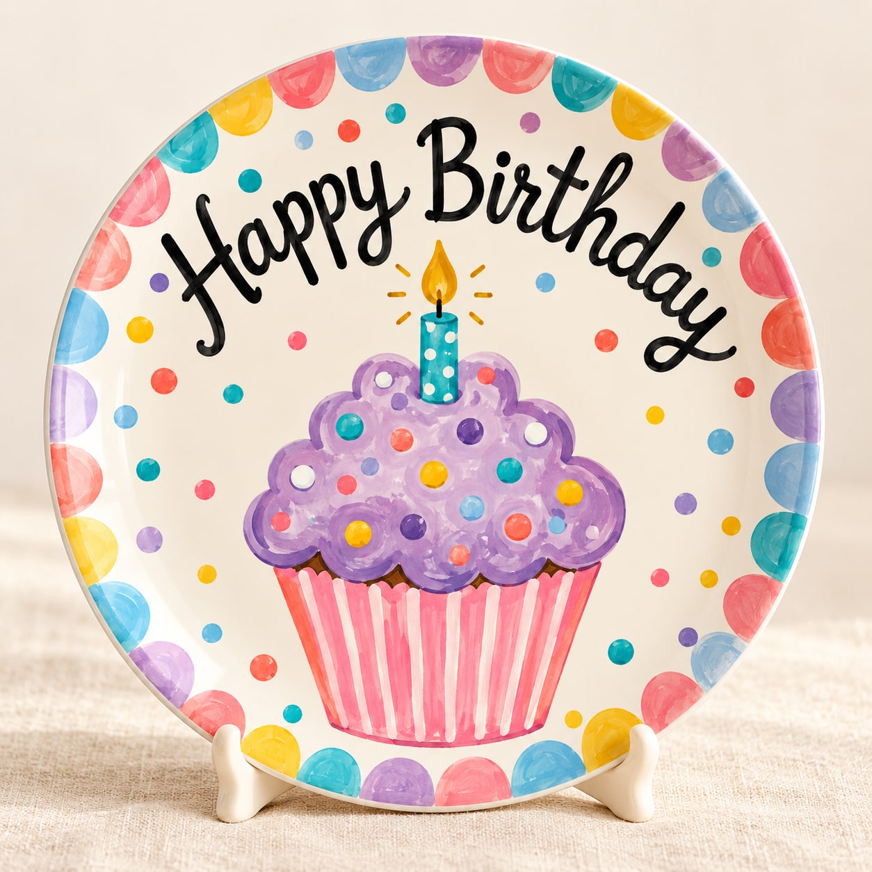 Colorful personalized birthday plate with a purple cupcake and candle