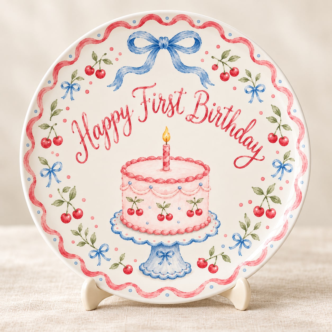 Personalized first birthday plate with cherries, blue bows, and a cake