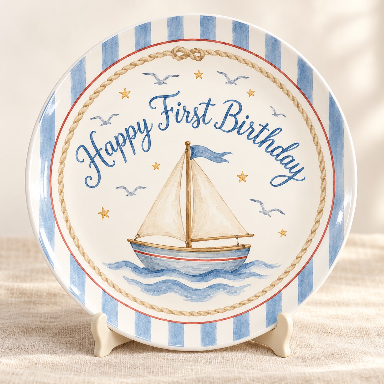 Personalized first birthday plate with a sailboat and blue stripes