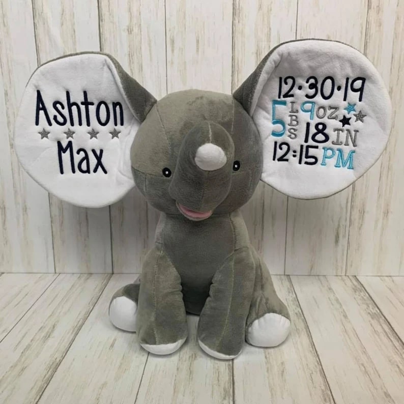 Gray elephant keepsake animal personalized with a baby name and birth details