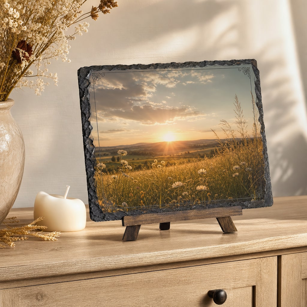 Personalized scenic photo slate displayed on a small wooden easel