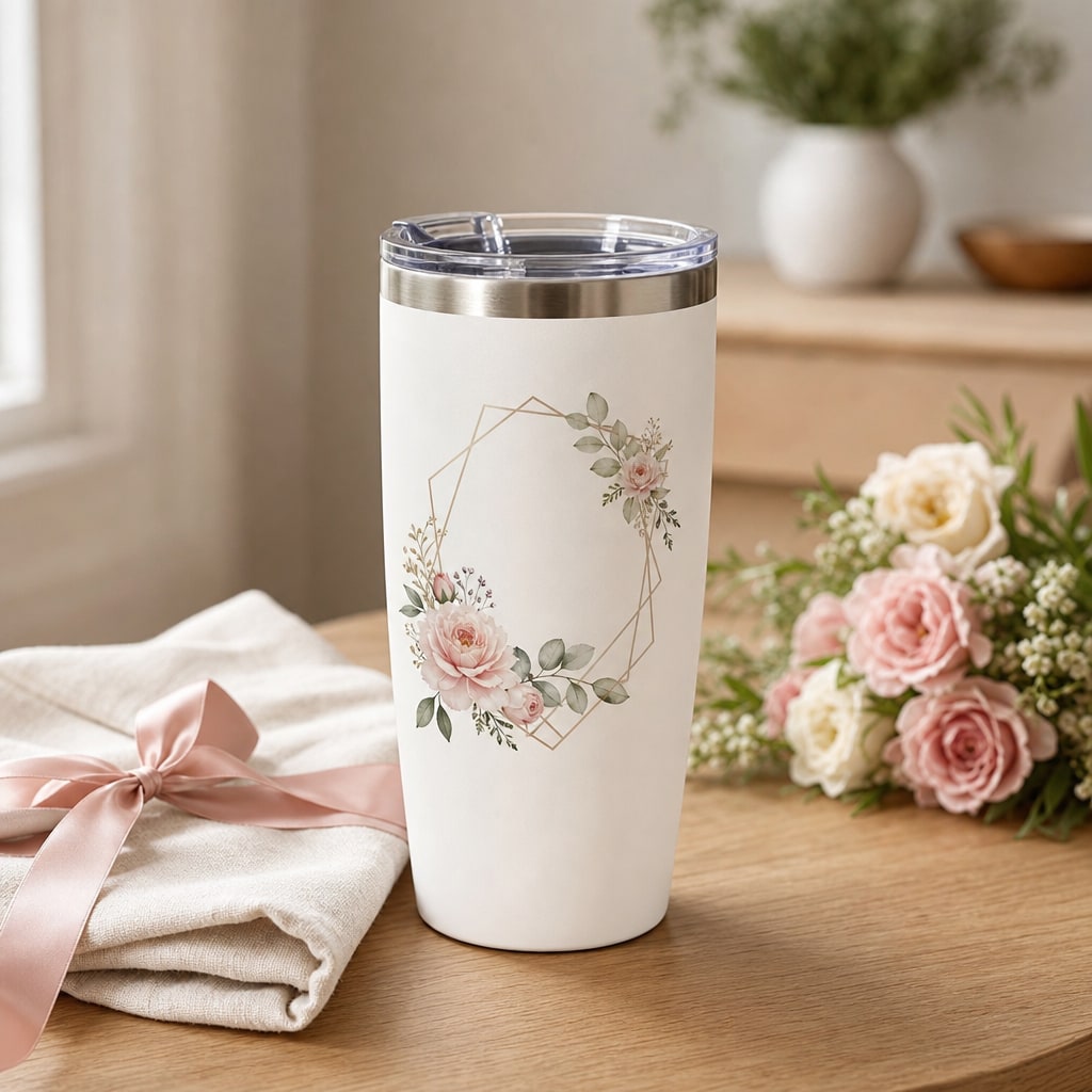Custom white tumbler with a delicate floral design