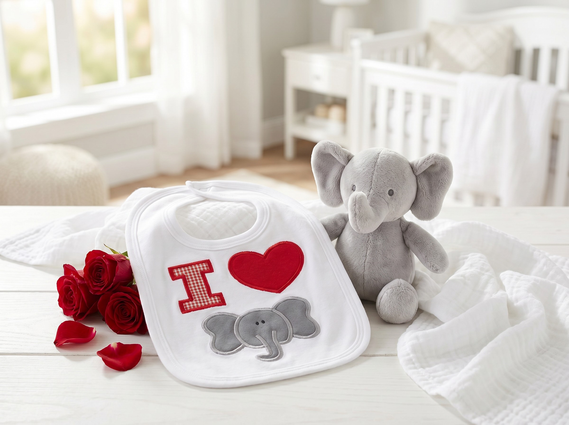 I Love Elephants Bib, White & Red