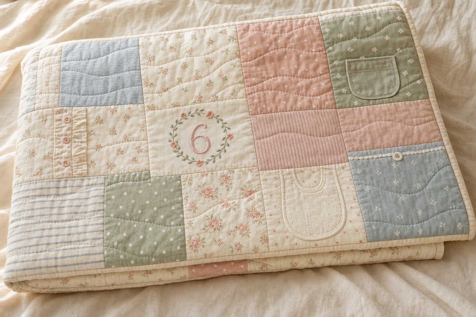 Finished handmade baby clothing quilt with patchwork panels