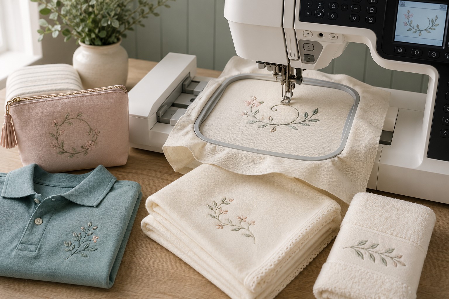 Floral embroidery being stitched on a machine