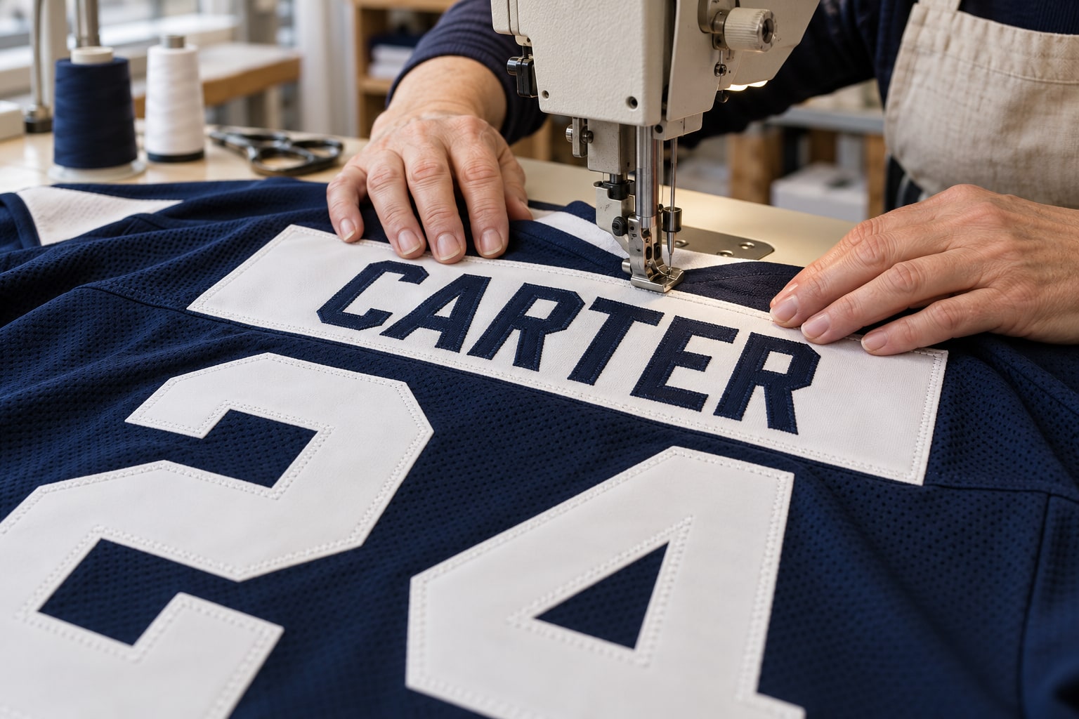 Sewing a nameplate detail onto a sports jersey