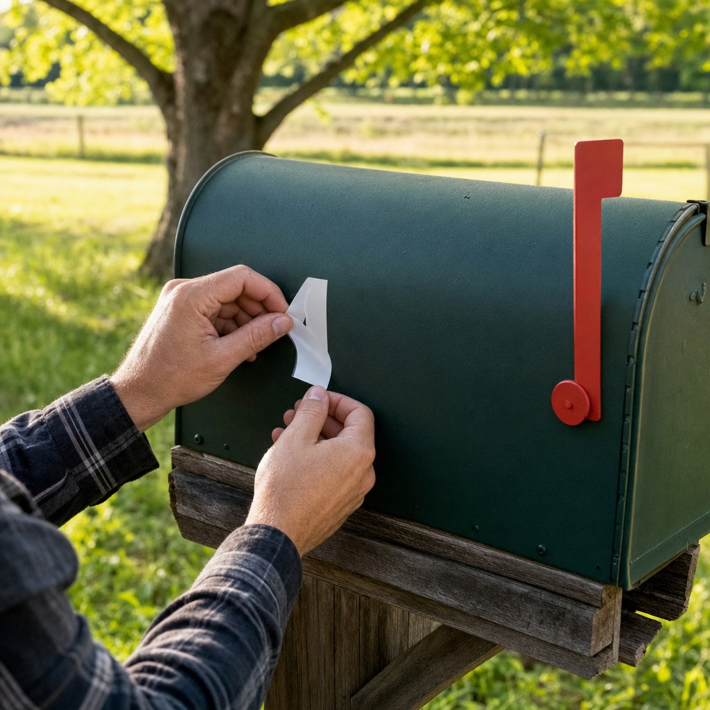 Custom vinyl address lettering being applied to a mailbox