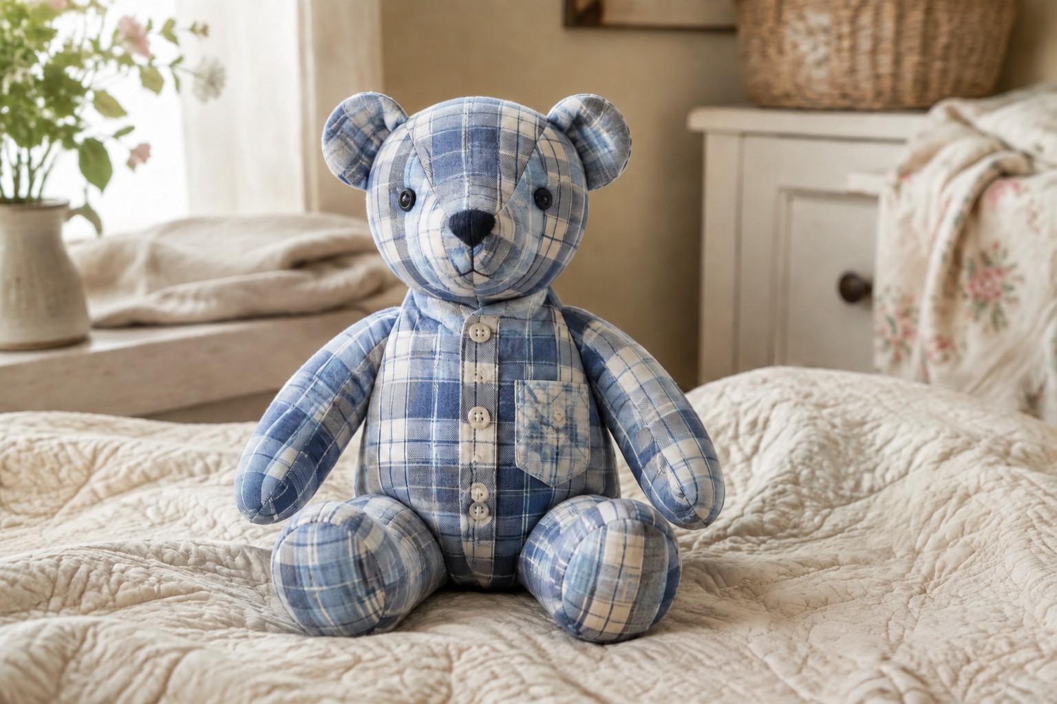 Handmade blue plaid memory bear