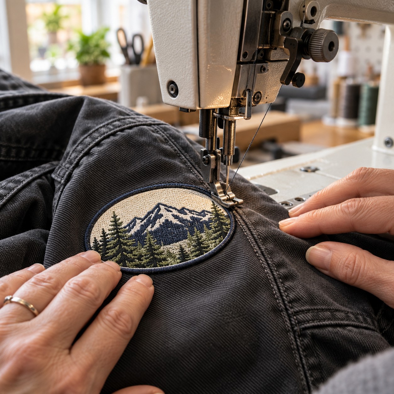 Mountain design patch being sewn onto a black denim jacket