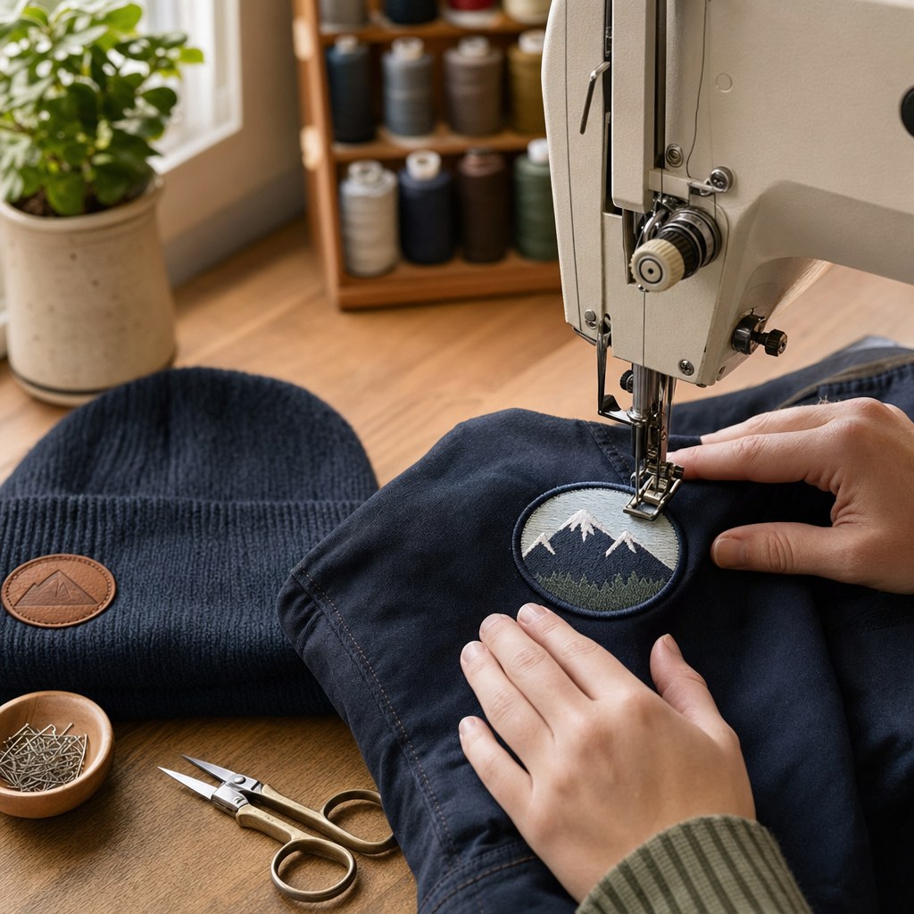 Sewing an embroidered patch onto a work jacket