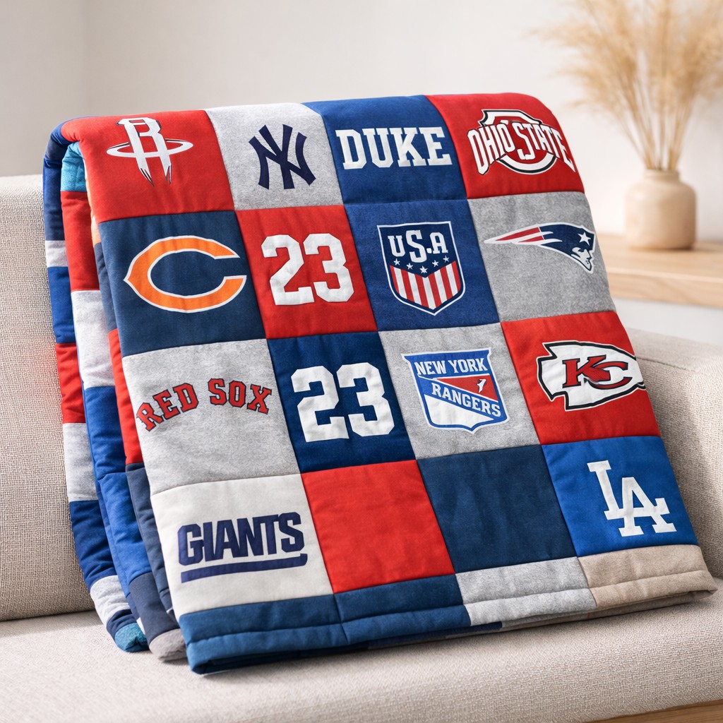 Finished custom T-shirt quilt made from treasured shirts