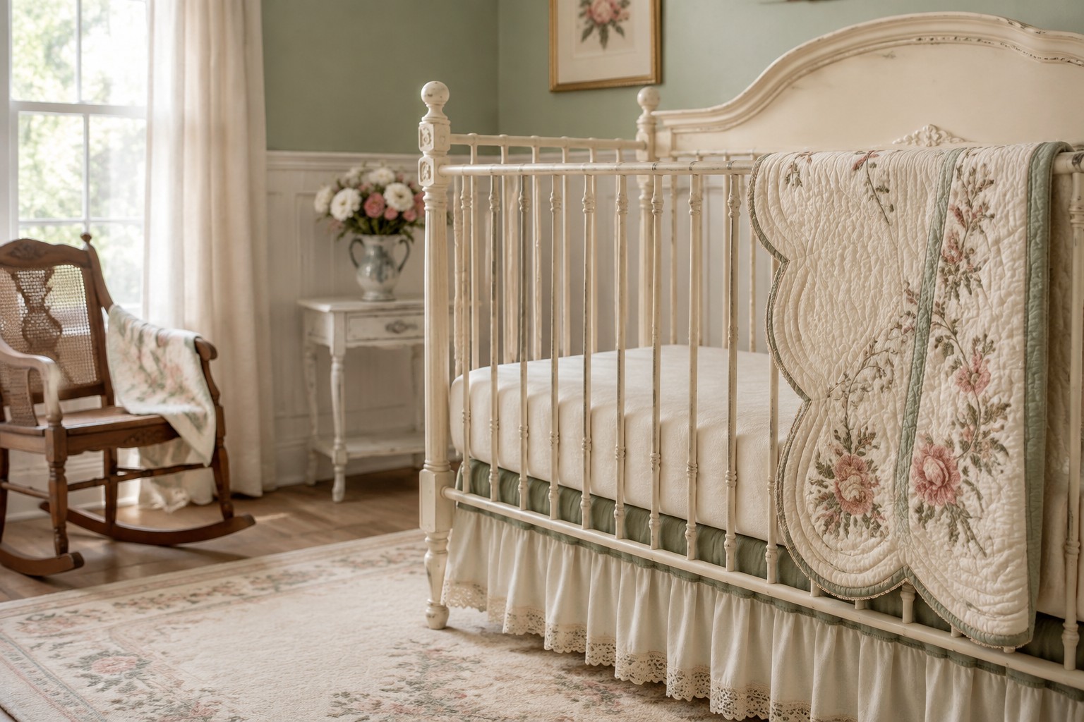 Handcrafted floral quilt draped over a baby crib