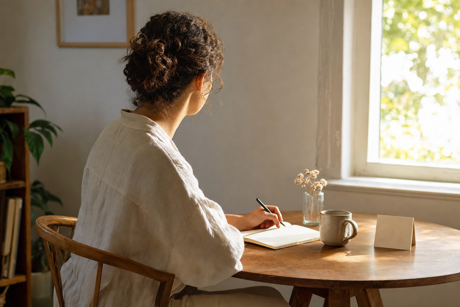 Person writing in a notebook beside a sunlit window