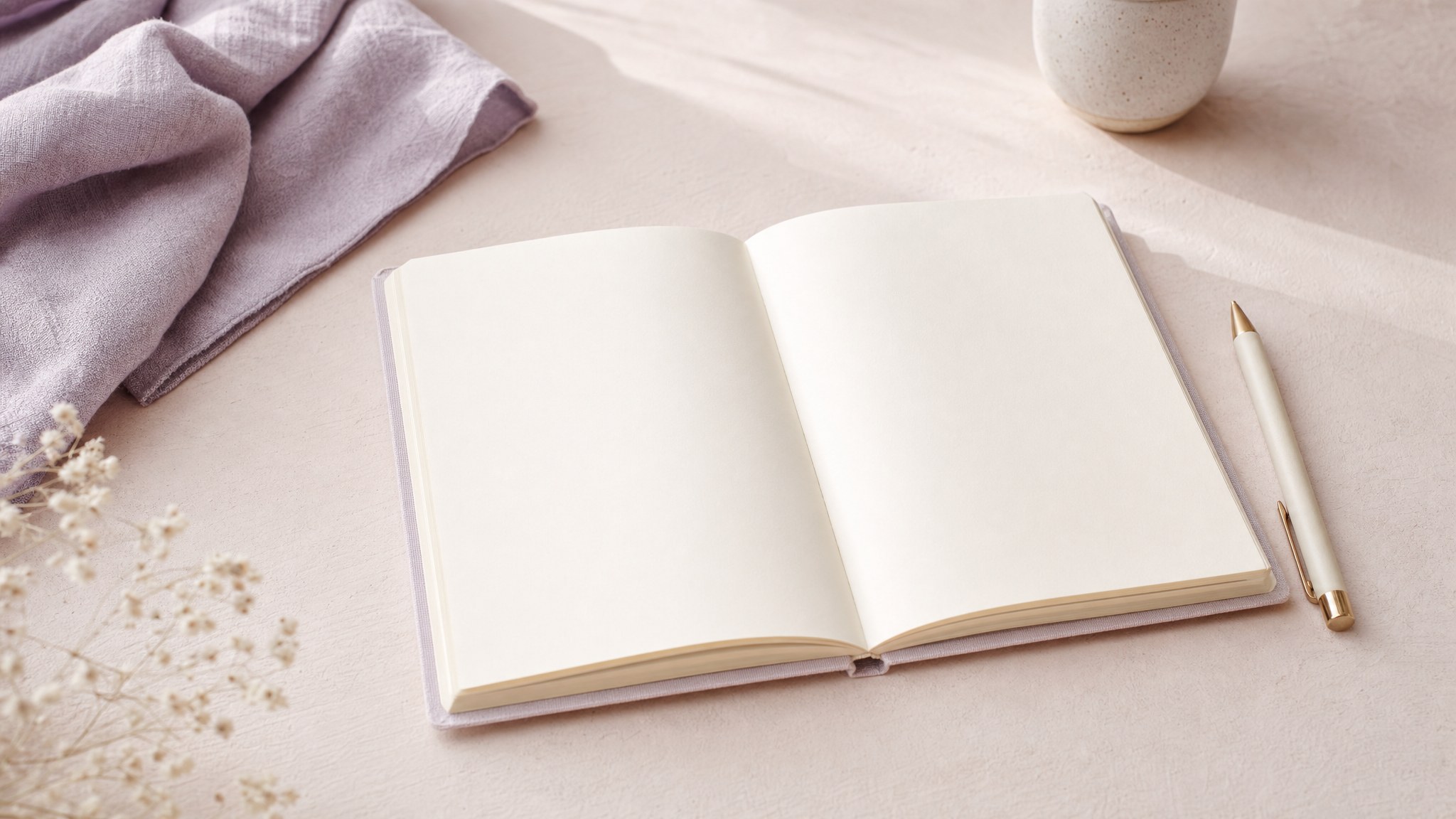 Open journal and pen on a sunlit desk