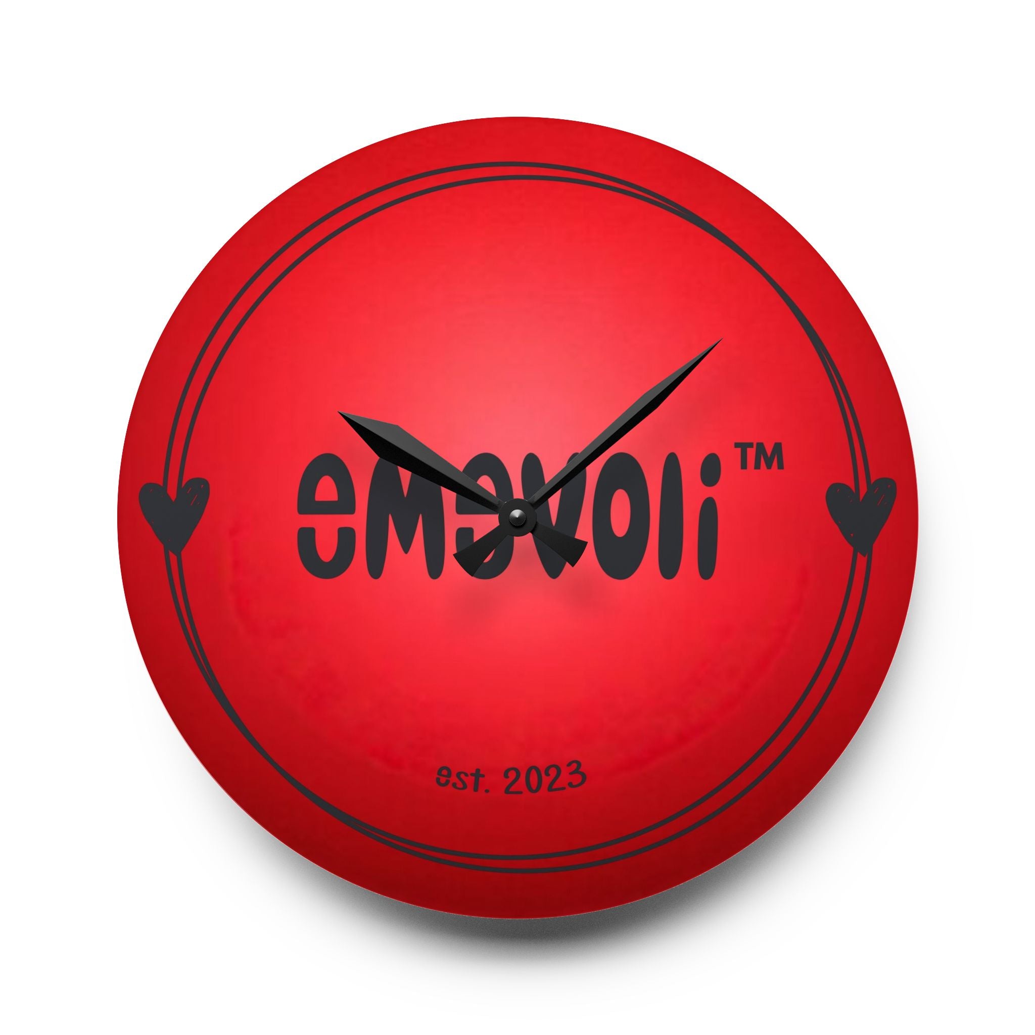 emevoli | Acrylic Wall Clock | Red with Black Logo
