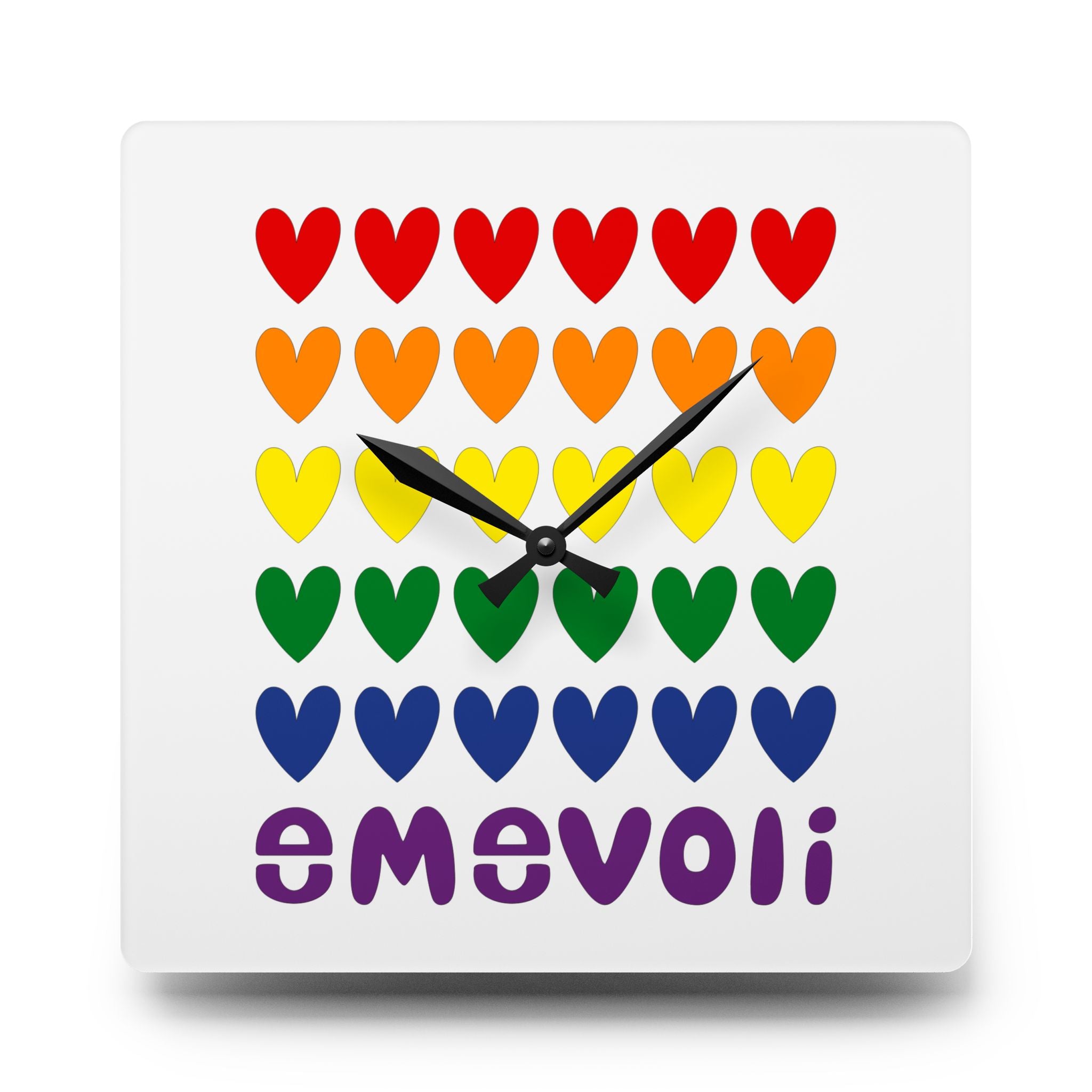 emevoli | Acrylic Square Wall Clock | Hearts with Pride Flag Colors
