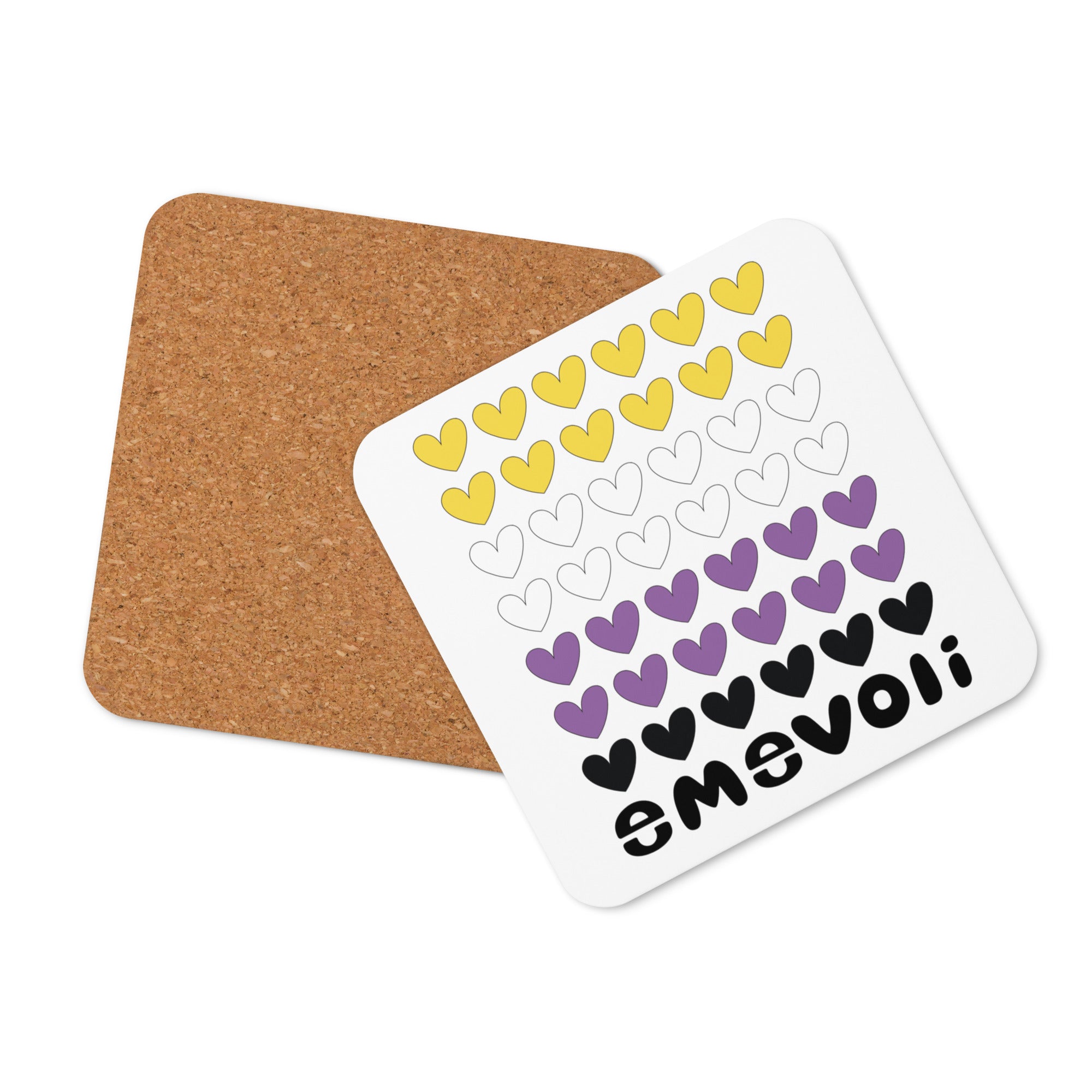 emevoli with Hearts | NonBinary Flag Colors | Cork-back coaster