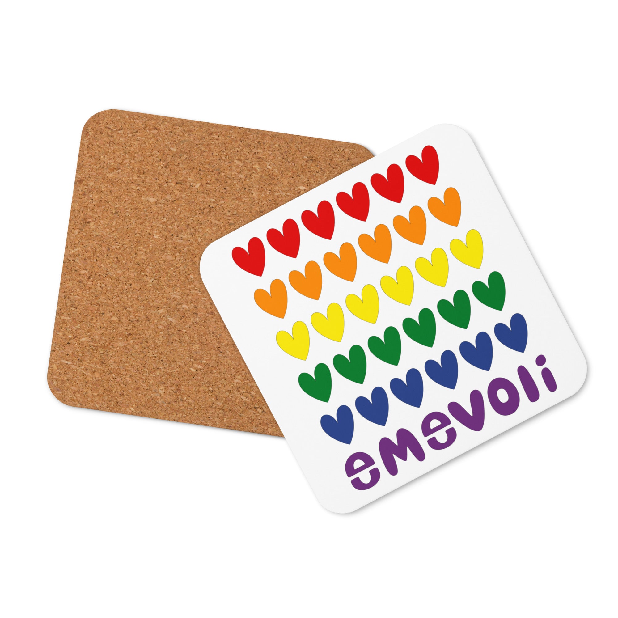 emevoli with Hearts | Pride Flag Colors | Cork-back coaster
