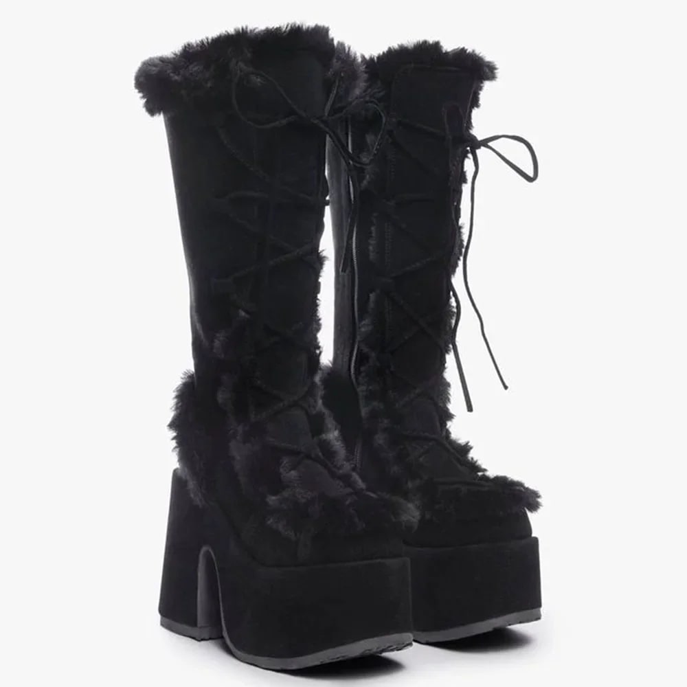 2024 Winter Big Size 43 y2k White Punk Style Women's Faux Fur Chunky Platform Boots Gothic Black Block High Heels Shoes product photo
