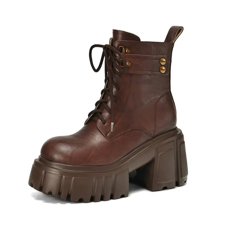2025 Original Fashion Women's Boots 100% Genuine Leather Cowhide Thick-soled Boots Autumn Winter Classic Lace-up Shoes product photo