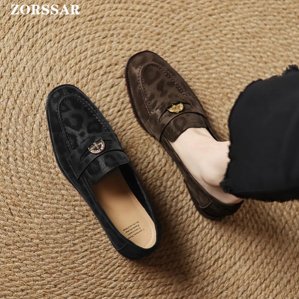 2025 Spring Autumn New Women's Shoes Brown Suede Imitation Flat Leather Boat Shoes Mid Mouth Round Toe Casual Loafers product photo
