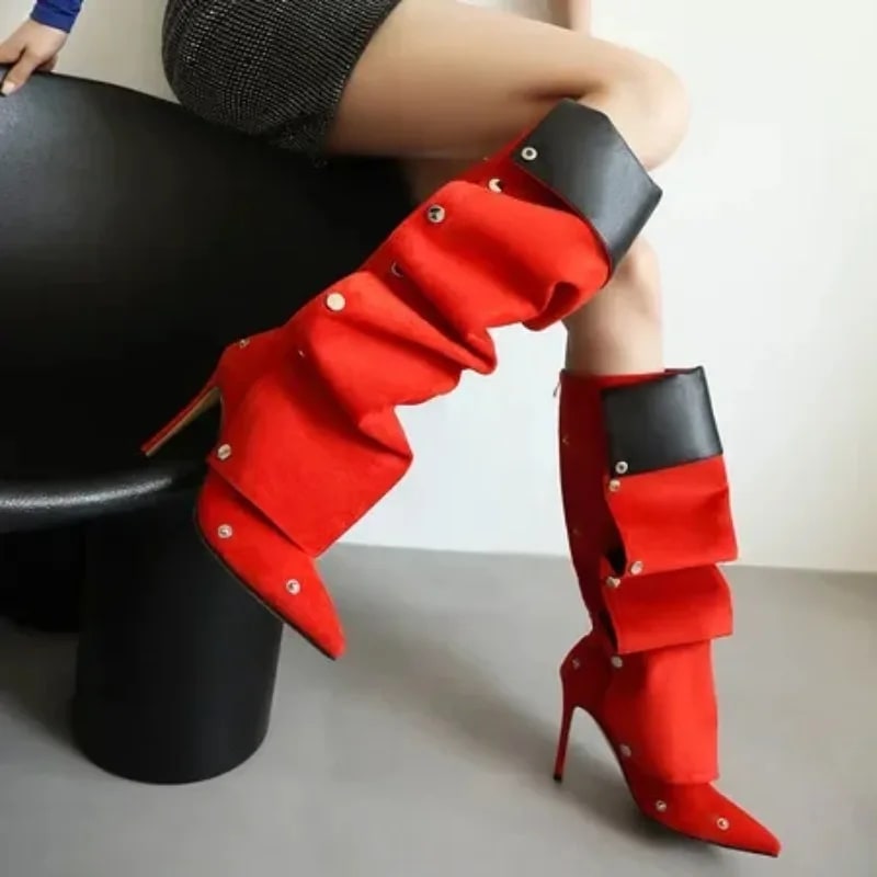 2025 Spring New Over The Knee Boots Women Winter Shoes Fashion Pleated Beige Heel Boots Long Woman Footwear Size 45 43 Boats product photo