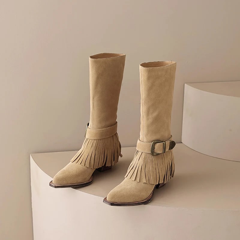2026 Fashion Winter Cow Suede Women Mid Calf Boots Autumn Tassel Shoes Chunky High Heels Round Toe Lady Dress Boots 34-40 product photo