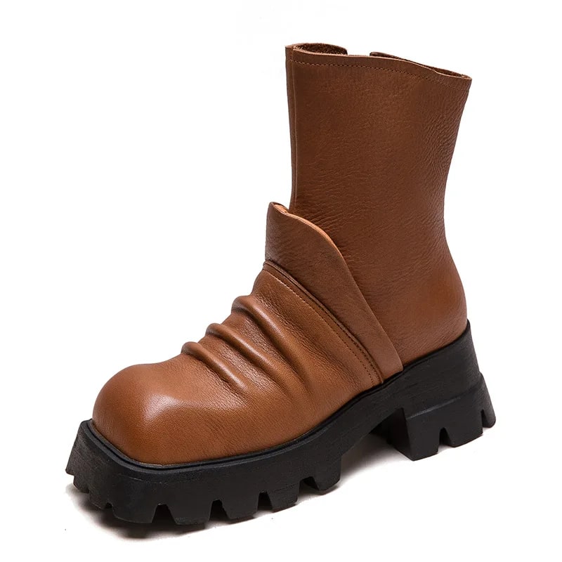Genuine Leather Motorcycle Boots – 6.5cm Platform Wedge Punk Booties product photo