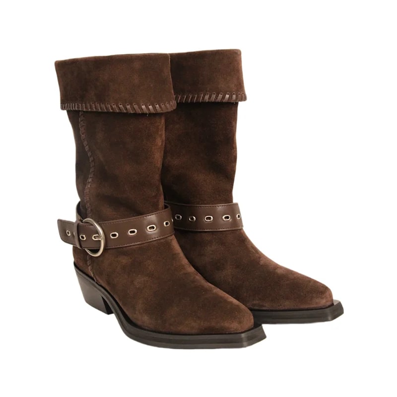 ALIAS MAE 2025 Autumn Winter New Handmade Suede Low Heel Women's Retro Western Cowboy Style Mid heeled Boots product photo