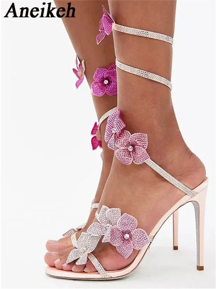 Aneikeh Crystal Flower Ankle Strap Sandals – Sexy High Heel Party Edition product photo
