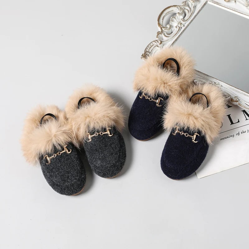 AS New Kids Fur Shoes Children Slides Baby Girls Slip On Outdoor Slippers Toddler Boys Gray Brand Flats Soft Princess Slides product photo