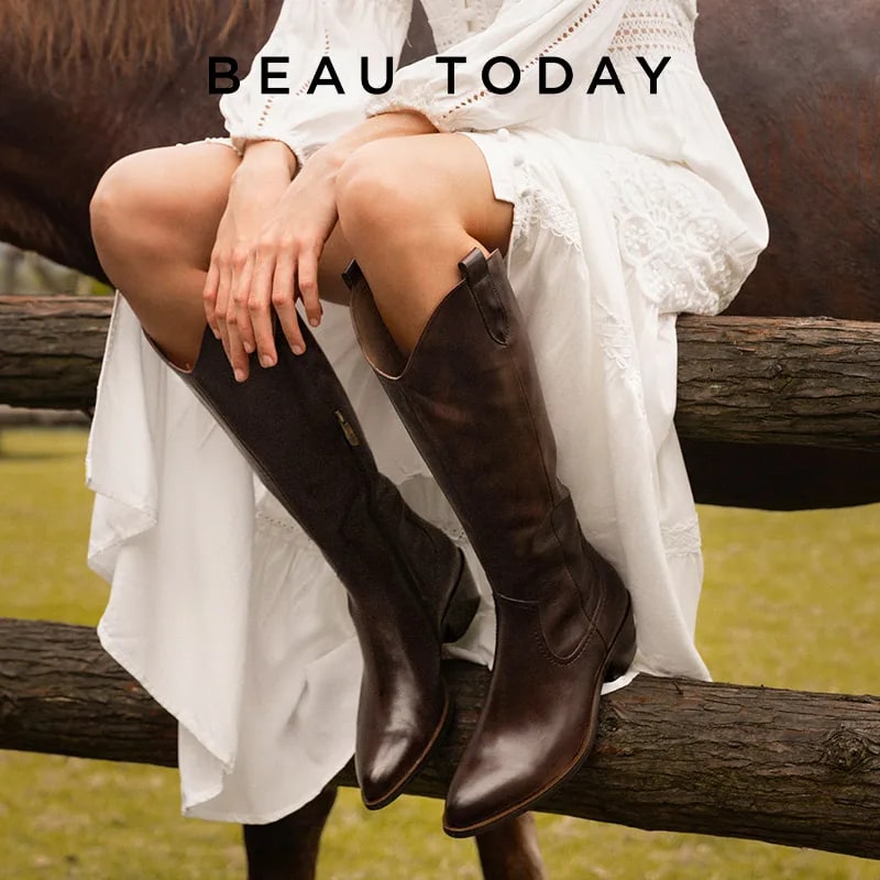 BeauToday Leather Western Over-Knee Boots – Handmade Cowboy Style product photo