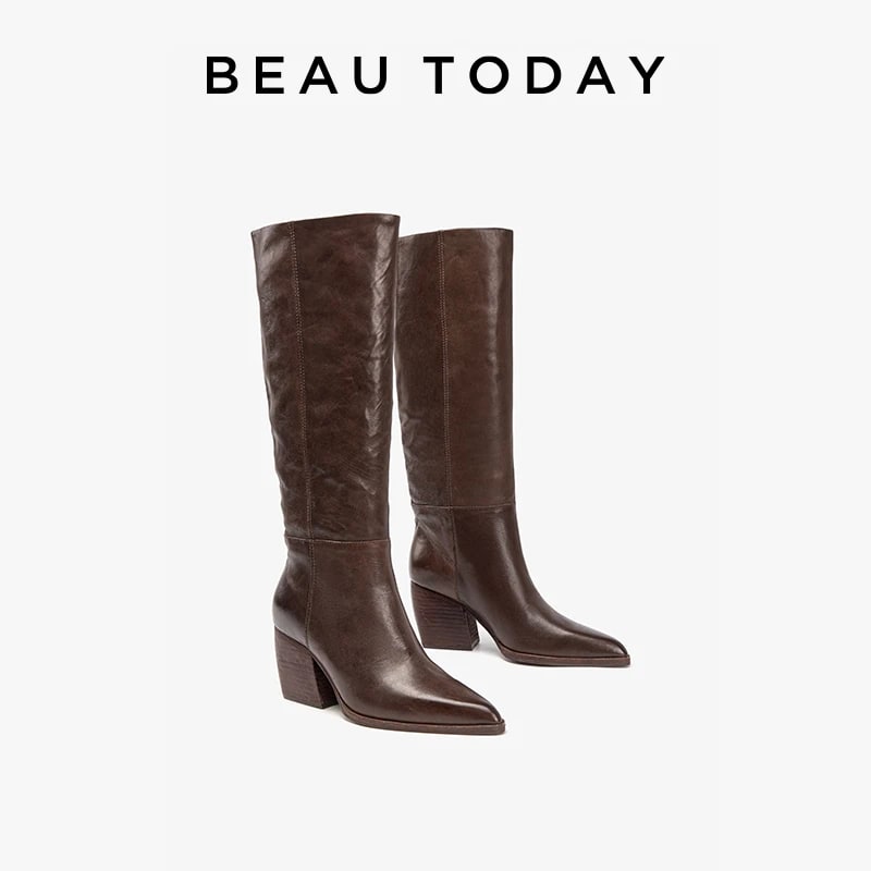 BeauToday Horse Leather Long Boots – Elegant Pleated Office Shoes product photo