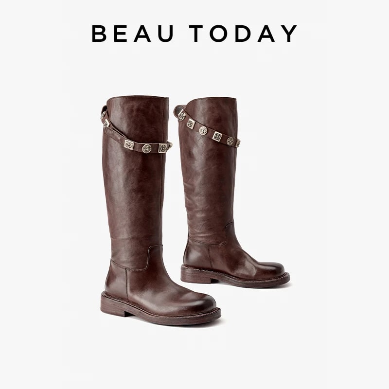 BEAUTODAY Long Boots Women Horse Leather Ruched Knee High Boot Round Toe Metal Decoration Ladies Shoes Handmade 01267 product photo