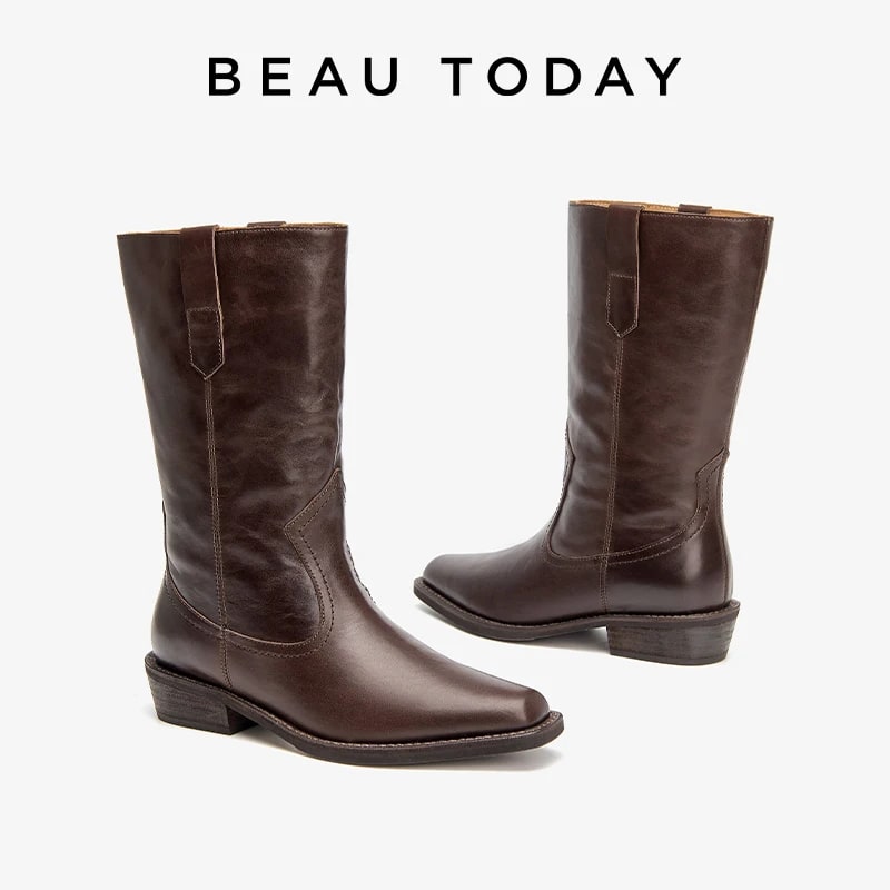 BEAUTODAY Mid-Calf Leather Boots – Retro Handmade Square Toe Style product photo