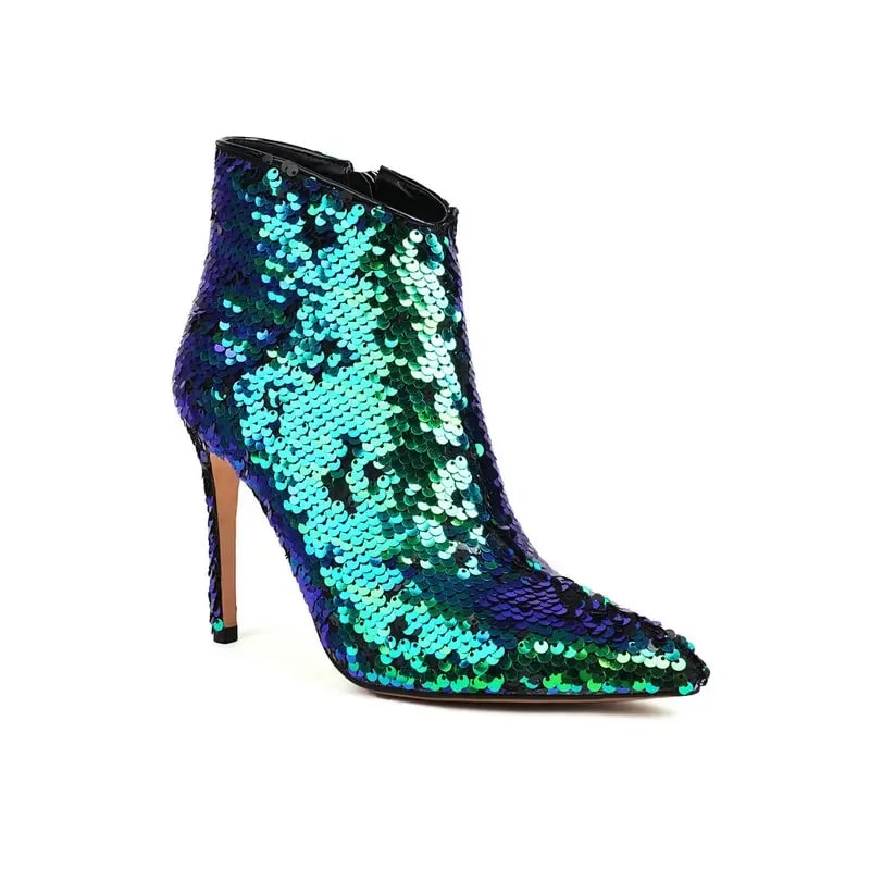 Big Size 47 48 Sequined Cloth Pointed Toe Shiny Bling Women Thin High Heels Shoes Sexy Lace-up Gold Green Stiletto Ankle Boots product photo