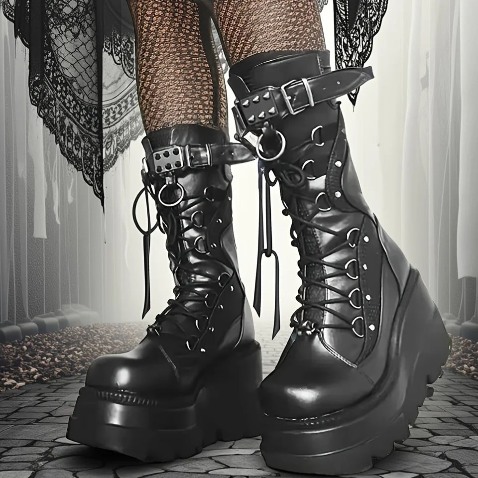 Brand New Ladies Goth Platform Boots Fashion Rivet Buckle Punk Wedges High Heels women's Boots Party Street Cosplay Woman Shoes product photo
