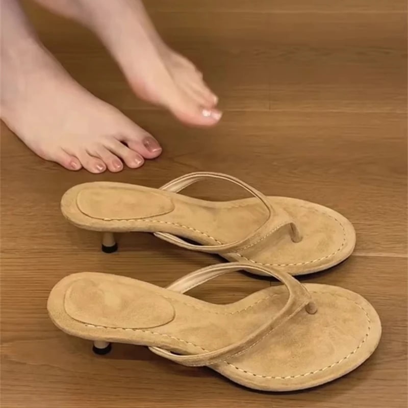 Brand Suede Fashion Slippers For Women Luxury Simple Round Toe Stiletto Mid-heel Versatile New Stiletto Summer Elegant Flip-flop product photo