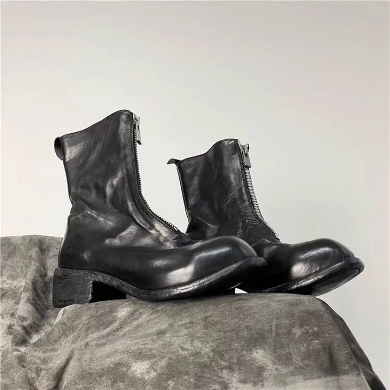 British Style Chunky Heel Chelsea Boots – Vintage Handmade Genuine Leather Mid-Calf Work Boots product photo