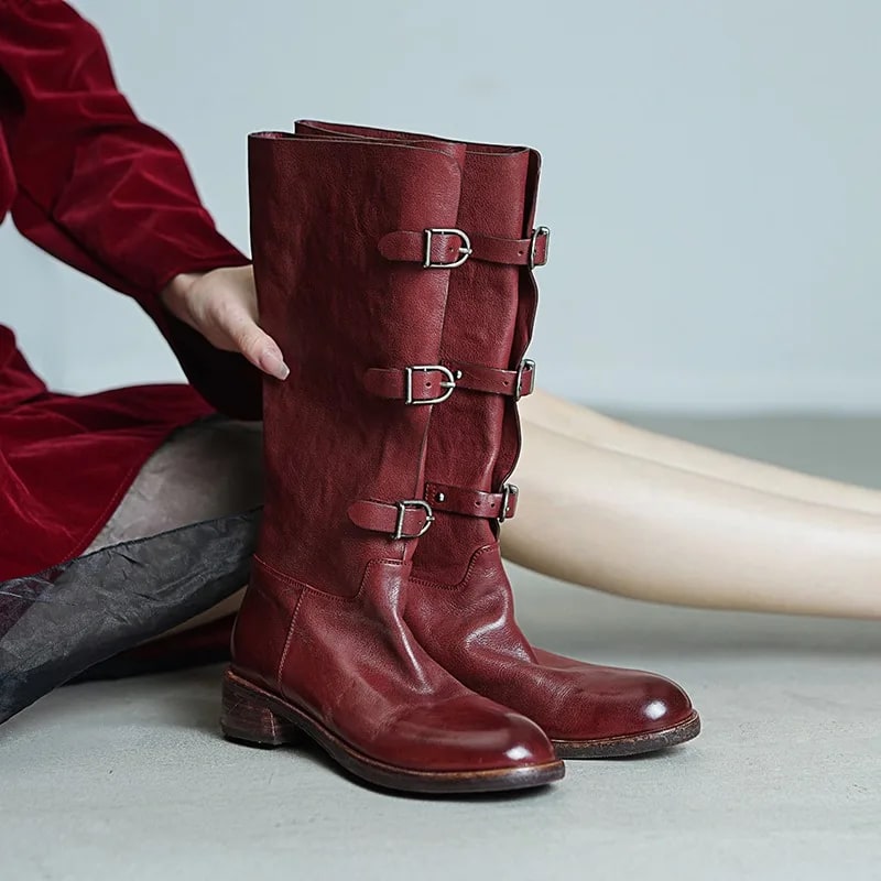 British Style Retro Motorcycle Boots – Washed Leather Knight Style product photo