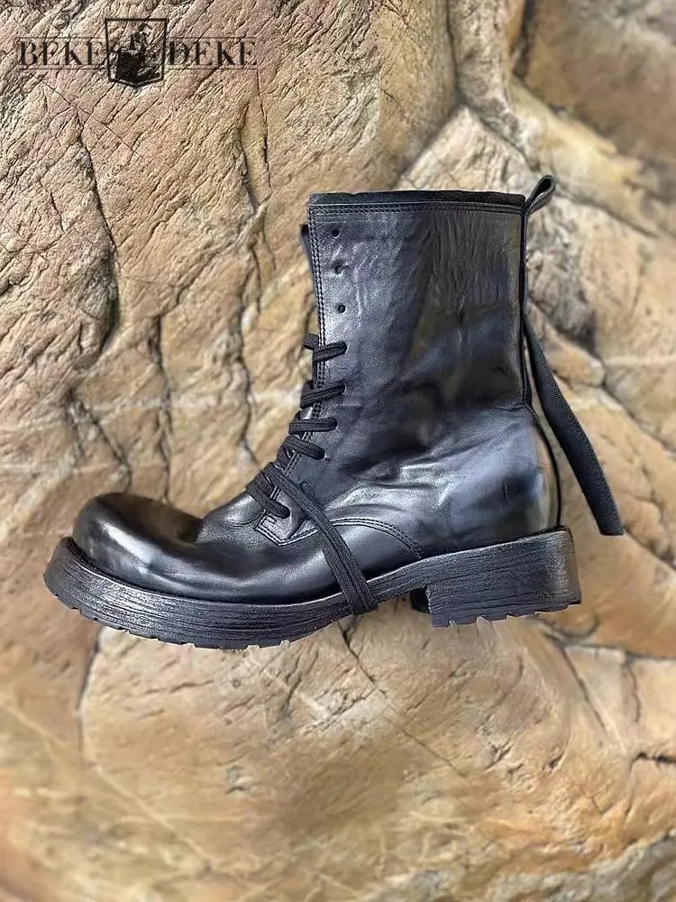 British Style Vintage Horsehide Boots – Handmade Punk Motorcycle Shoes product photo
