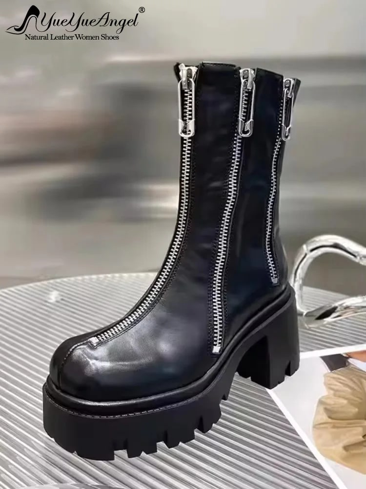 British Style Genuine Leather Boots – High Heel Motorcycle Boots product photo