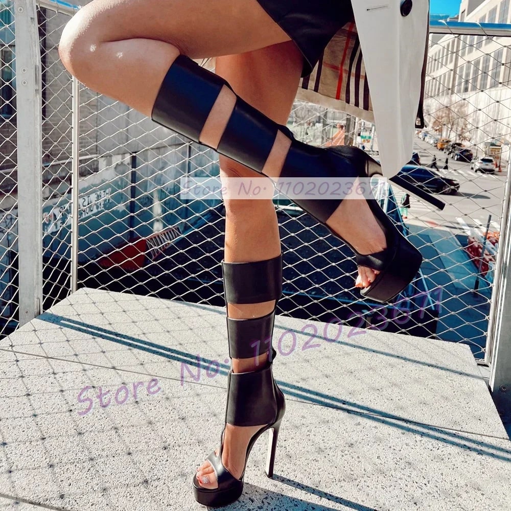Caged Platform Tall Sandal Boots Women Chic T-strap Gladiator Open Toe Sandals Ladies Classy Back Zipper Summer Cutout Sandals product photo