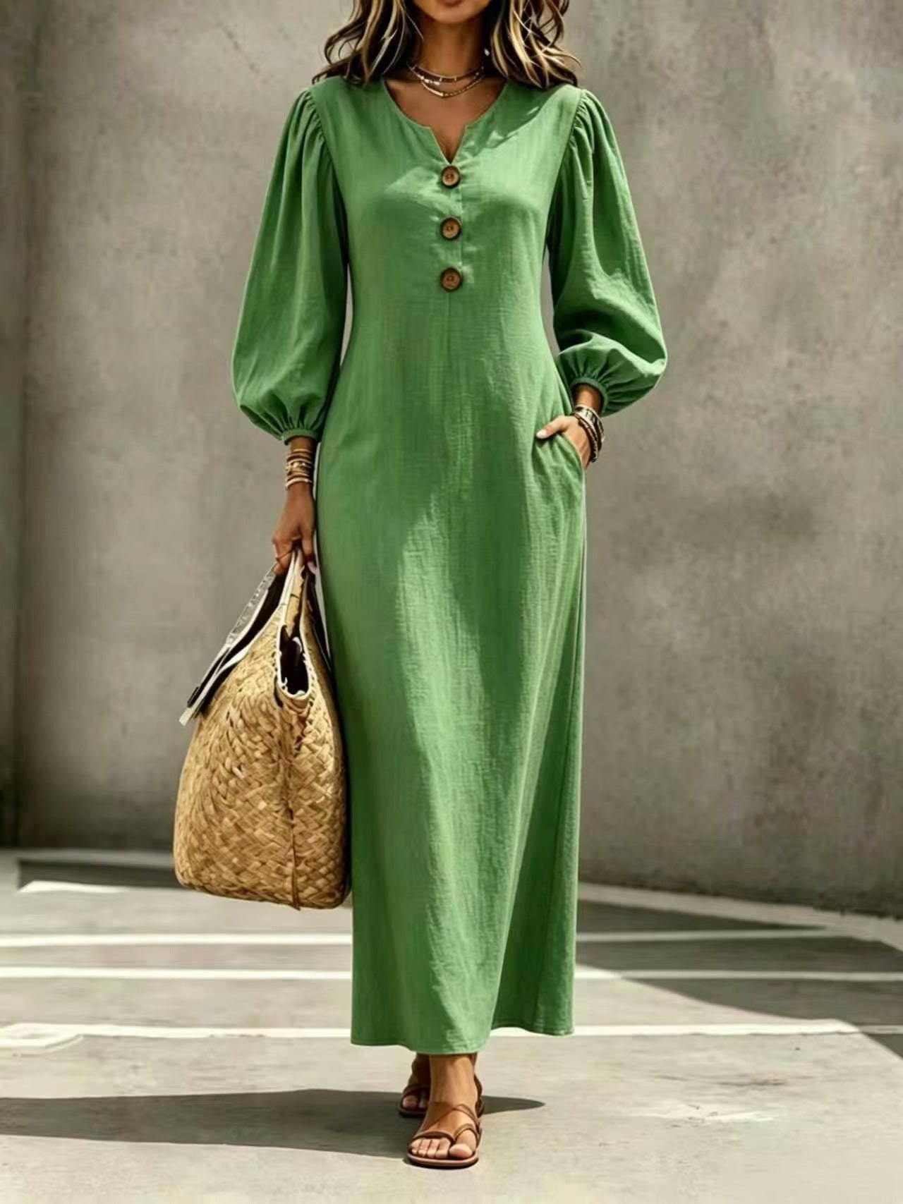 Casual V-neck Buttoned Long Dersses For Women Spring Summer Puff-sleeve A-line Dress For Daily Wear Vacation Outfits product photo