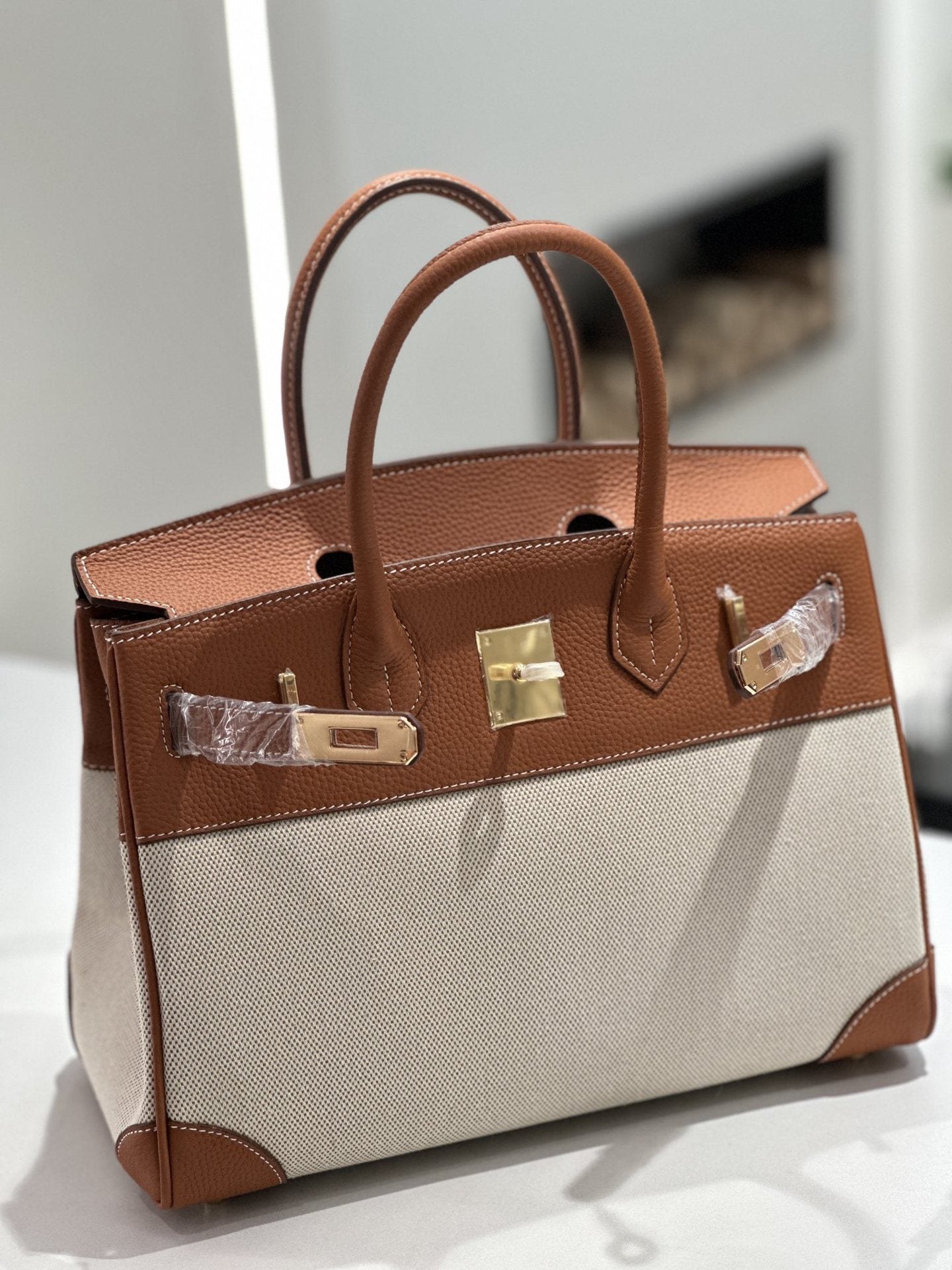 New Cross-border Genuine Leather Birkin Bag, Cowhide With Fabric Large Tote, Commuter Handbag With A High-end Kelly Bag Feel product view 8